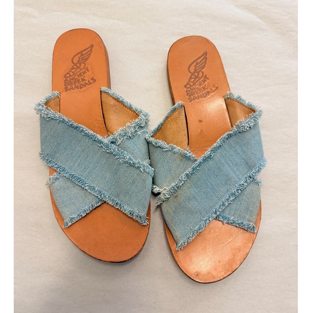 Ancient Greek Sandals Denim Crossover Fringe Flat Sandals 37.5